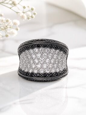 Size 10 Pave CZ, black spinel 925 Sterling silver wide band ring